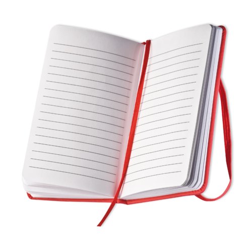 Rood notitieboek met gelinieerde bladzijden en bladwijzer.