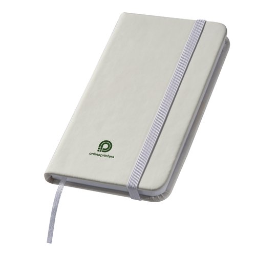 Wit notitieboek met elastische band en bladwijzer.