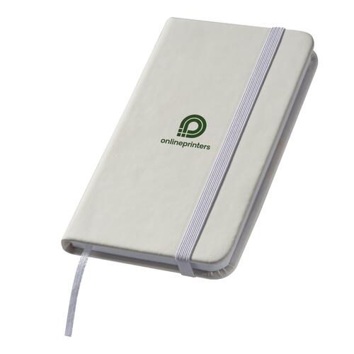 Wit notitieboek met elastische band en bladwijzer.