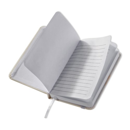 Wit notitieboek met harde kaft en bladwijzer.