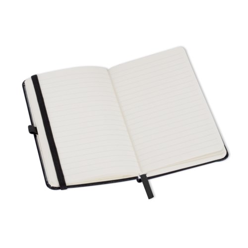 Zwart notitieboek met elastische sluiting en bladwijzer.