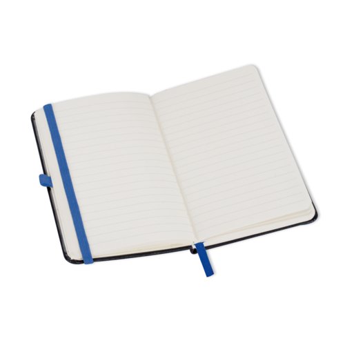 Blauw notitieboek met elastische band en gelinieerde bladzijden.