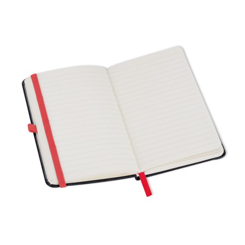 Rode notitieboek met elastische sluiting en bladwijzer.