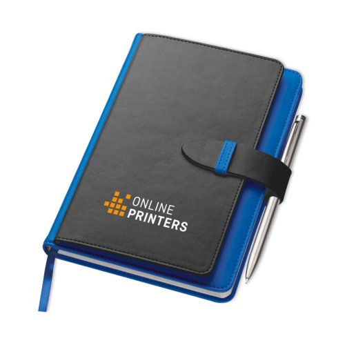 Blauw notitieboek met sluitband en pennenlus.