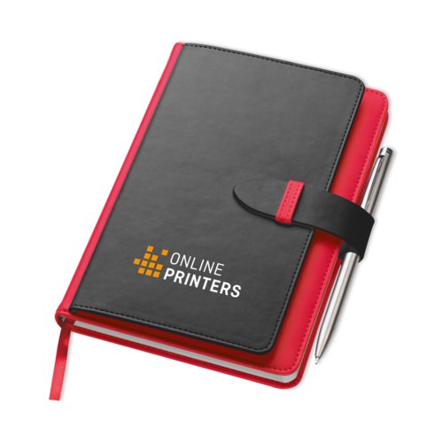 Rood notitieboek met sluitband.