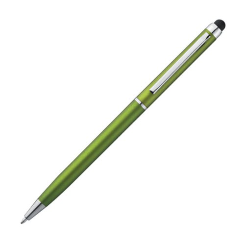 Appelgroene metalen balpen met touchfunctie en clip.
