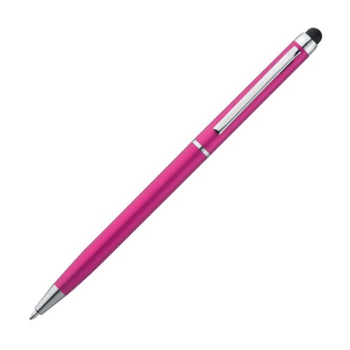 Roze metalen balpen met touchfunctie en clip.