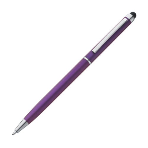 Paarse metalen balpen met touchscreenfunctie en clip.