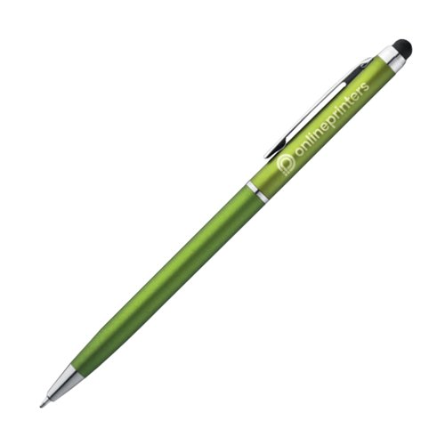 Appelgroene metalen balpen met touchfunctie en clip.