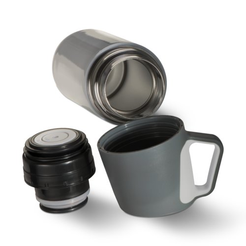 Grijze metalen thermosfles met afneembare beker.