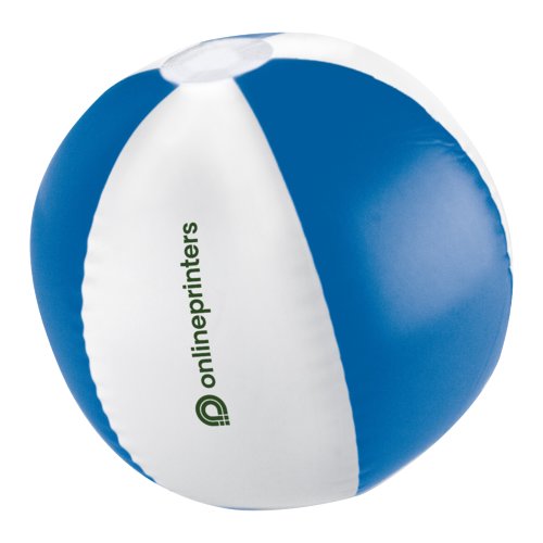 Blauwe plastic strandbal met veelkleurig ontwerp.