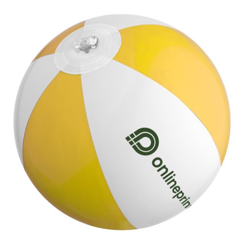 Gele plastic strandbal met opblaasventiel.