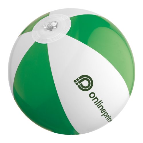 Groen-witte plastic waterbal met opblaasbaar ontwerp.