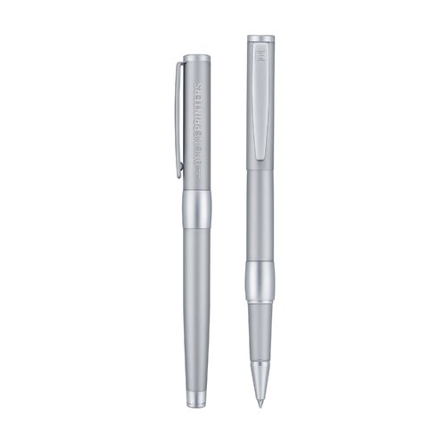 Zilverkleurige metalen rollerball pen met dop en clip.