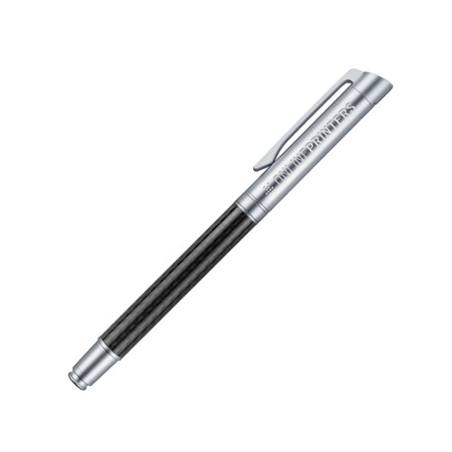 Zilverkleurige metalen rollerball pen met carbon elementen en clip.