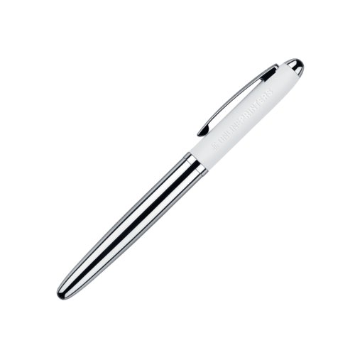 Witte rollerball pen met metalen elementen en zacht oppervlak.