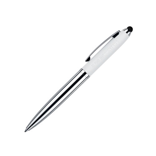 Witte metalen balpen met touchpad en draaimechanisme.