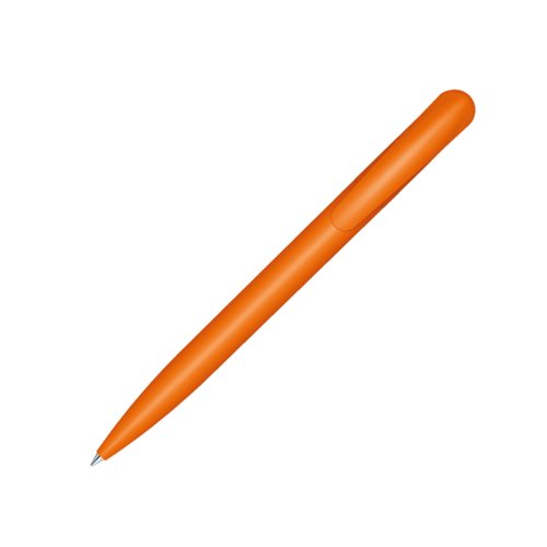 Oranje plastic balpen met clip en drukmechanisme.
