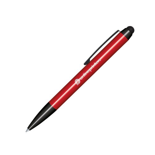 Rode plastic draaibare balpen met touchpad stylus en clip.