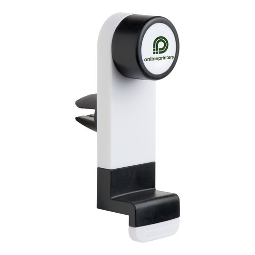 Witte telefoonhouder voor auto met ventilatieroosterbevestiging.