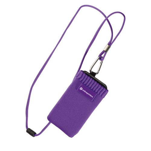 Paarse telefoonsok met koord en karabijnhaak.