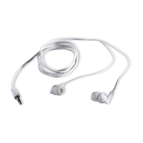 Witte oortelefoons met kabel en connector.