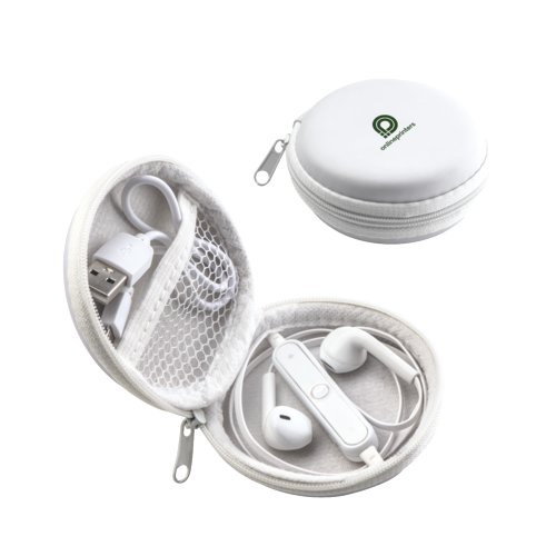 Witte bluetooth-koptelefoon met draagtas en kabel.