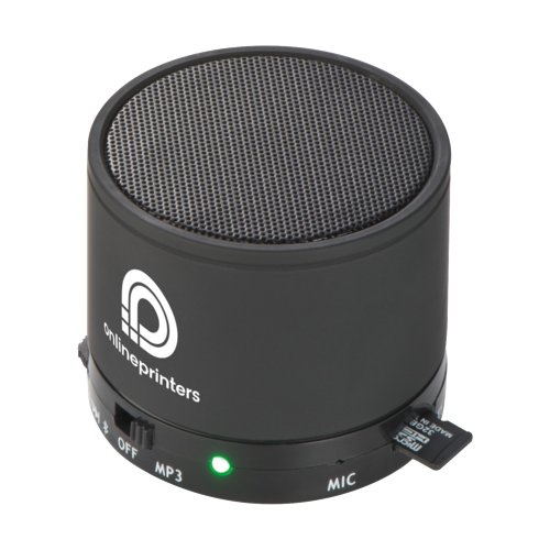 Zwarte Bluetooth-luidspreker met Micro SD-kaartlezer.