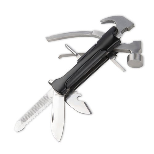 Zwart metalen multitool met diverse gentegreerde gereedschappen.
