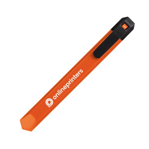 Oranje plastic kartonmes met mesbescherming.
