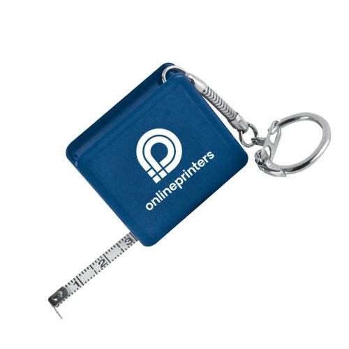 Blauwe plastic meetlint met sleutelhanger.