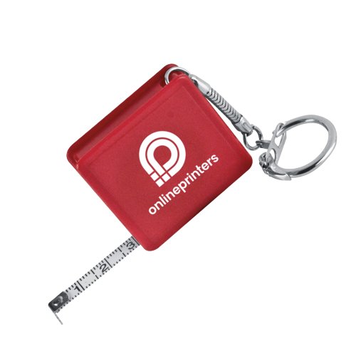 Rode plastic rolmaat met sleutelhanger en metalen ring.
