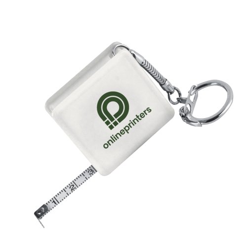 Witte rolmaat met sleutelhanger en intrekmechanisme.