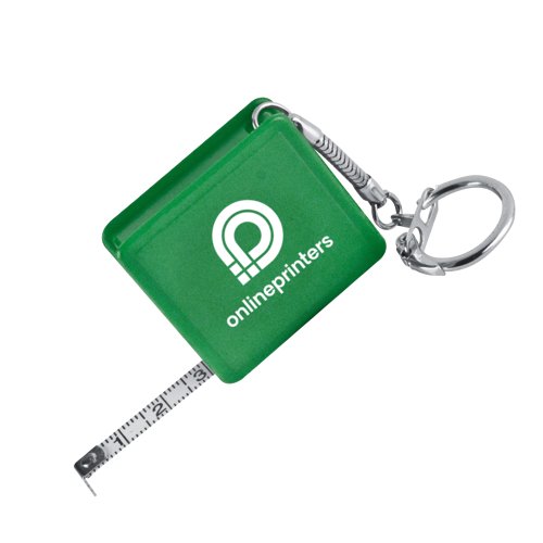 Groen plastic meetlint met sleutelhanger.