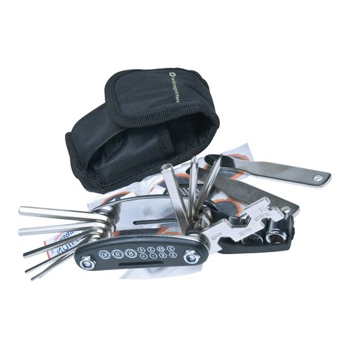Zwarte fietsreparatieset met gereedschap en tas.