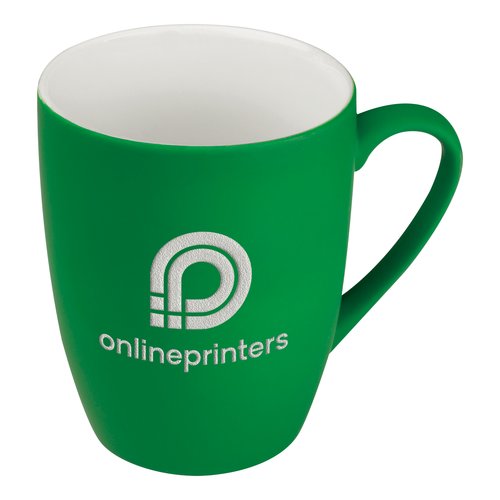 Groene keramische mok met afgerond design en handvat.