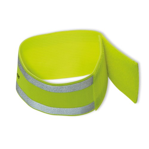 Gele reflecterende armband met klittenbandsluiting.