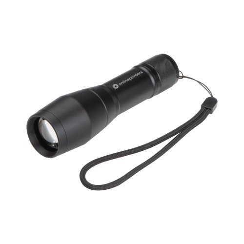 Zwarte metalen zaklamp met LED en polsband.