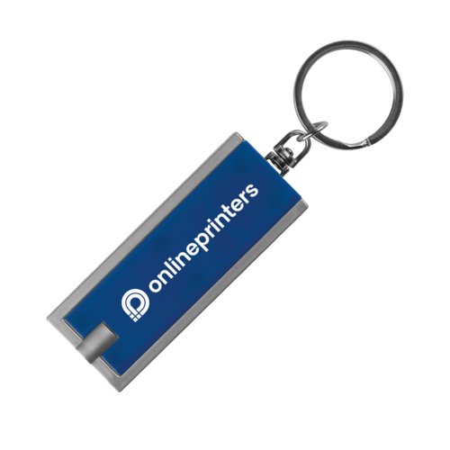 Blauwe metalen sleutelhanger met LED-licht.
