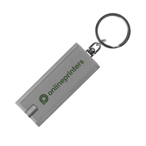Grijze kunststof sleutelhanger met LED-licht en metalen ring.