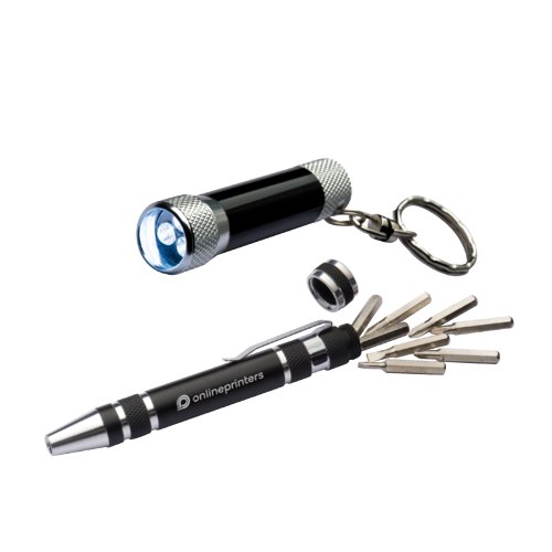 Zwarte schroevendraaierset met LED-zaklamp.
