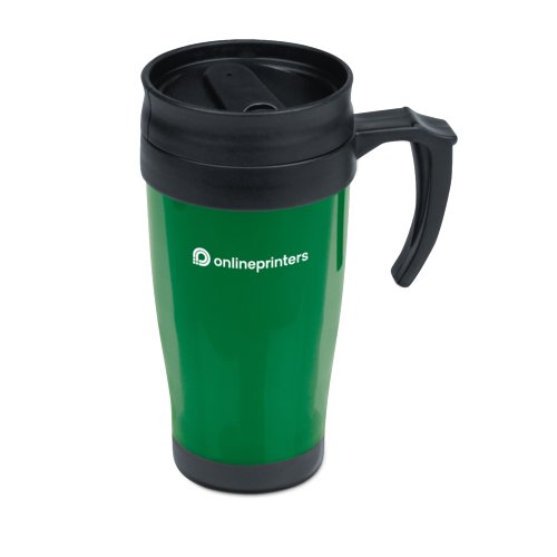 Groene kunststof beker met deksel en handvat.