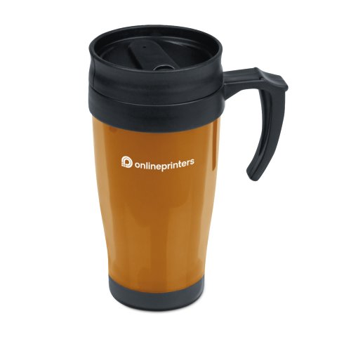 Oranje plastic beker met deksel en handvat.