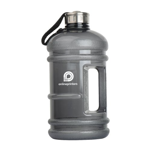 Grijze plastic drinkfles met handvat en schroefdop.