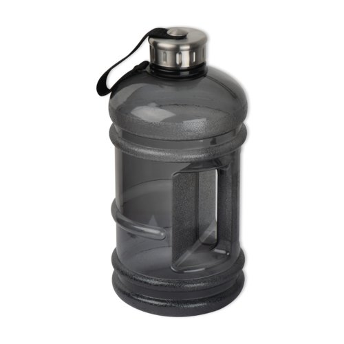 Zwarte plastic waterfles met deksel en draaglus.