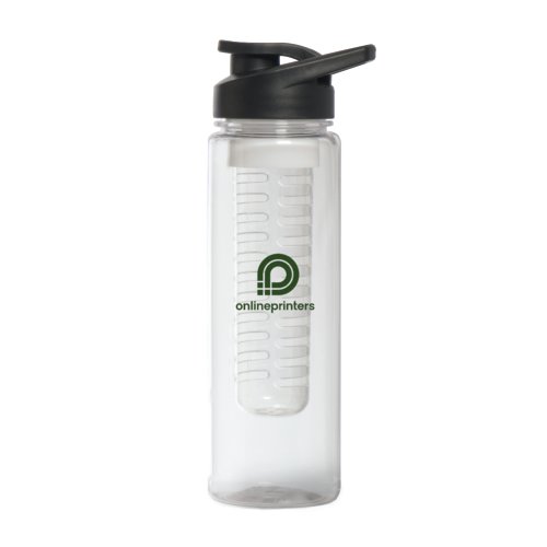 Transparante plastic waterfles met zwarte deksel en fruitfilter.