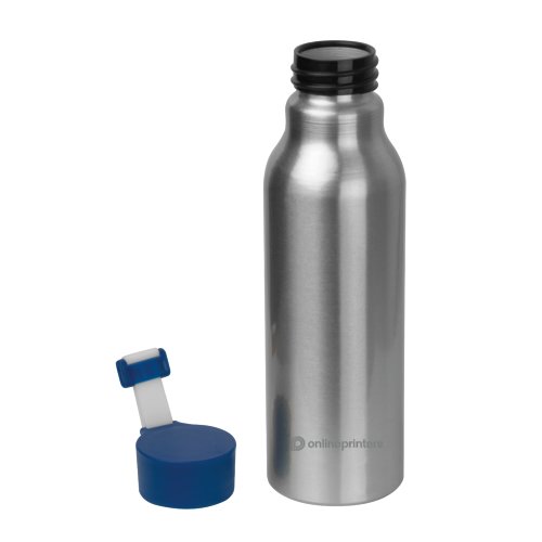 Blauwe aluminium waterfles met schroefdop.