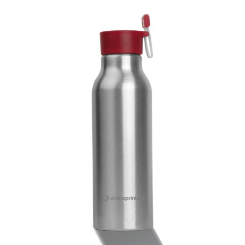 Rode aluminium waterfles met schroefdop en bevestigingslus.