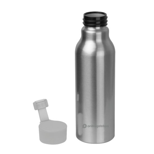 Grijze aluminium waterfles met schroefdop.