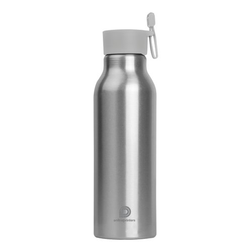 Grijze aluminium drinkfles met schroefdop en draaglus.